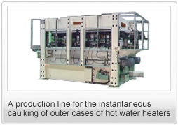A production line for the instantaneous caulking of outer cases of hot water heaters